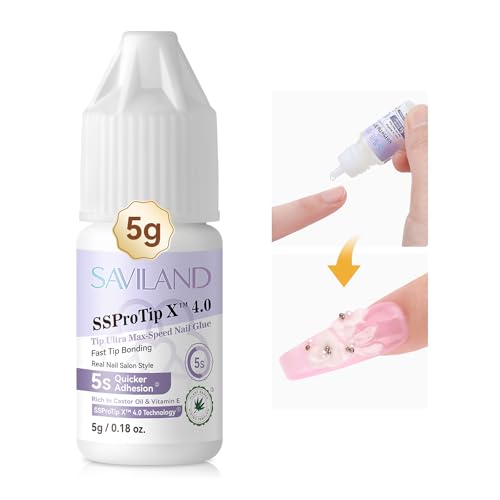 Image of SAVILAND Nail Glue for Acrylic Nails Press On: 5S Fast-Drying Nail Adhesive Strong 0.18 Oz. Nail Tip Glue Extra Strength Nail Gel Glue Castor Oil Vitamin E Hypoallergenic for Nail Tips No Cure Salon
