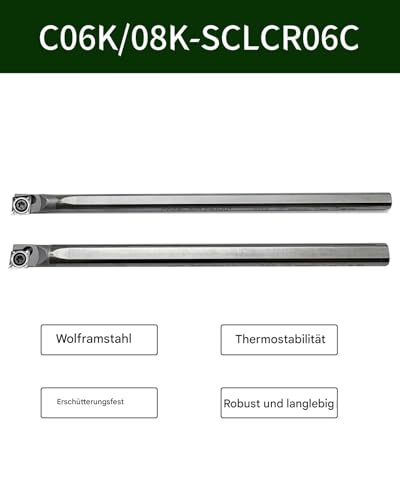 2 Stück Werkzeughalter aus Wolframstahl C06K/C08K-SCLCR06 Bohrstangen + 10 Stück Wendeschneidplatten aus Hartmetall CCGT060204-AK zum Bohren und Außenkreisschneiden von Aluminium,Kupfer und Kunststoff