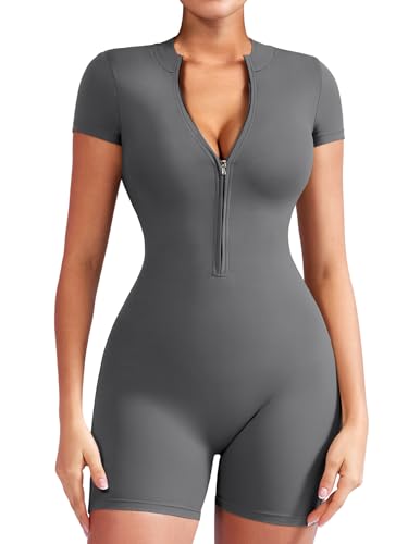 YEOREO Women Short Sleeve Workout Jumpsuit Zip Up Romper Bottom Shorts Bodysuit Bodycon Sexy One Piece