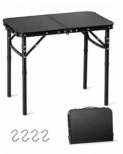 LOFTEY 2025 Reinforced Small Folding Table Portable, Small Foldable Camping Table, Heavy-Duty Mini Folding | 2 Adjustable Height | Lightweight Aluminum with Handle | 25' x 16' x 22', Black