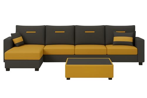 Image of CASASTYLE Dreamon 8 Seater Fabric LHS L Shape Sofa Set with 1 Centre Table & 2 Puffy (Yellow-Dark Grey) | Velvet Finish | Comfortable Sectional Sofa for Living Room