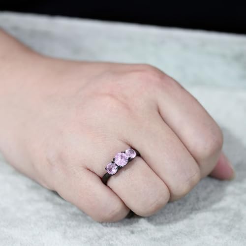 Goth Princess Round Pink 3-Stone Cubic Zirconia Cubic Zirconia CZ Engagement Ring, Black Hypoallergenic 316L Stainless Steel4