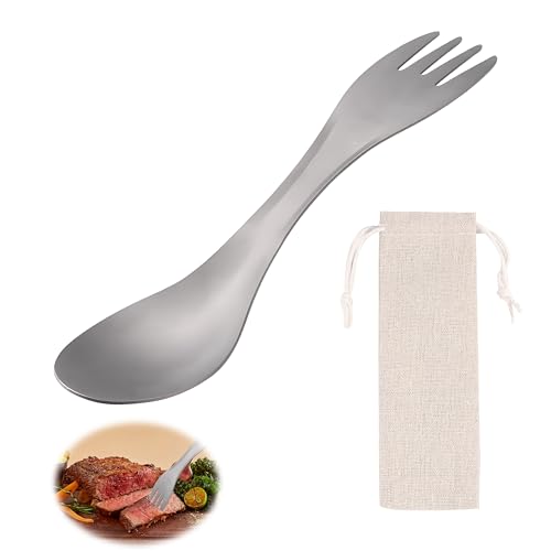 Titanium Camping Cuillère-Fourchette, Cuillère-fourchette 2 en 1 en Titane avec Petit sac la Chaleur Métal Ultra Léger Réutilisable pour Camping Randonnée...