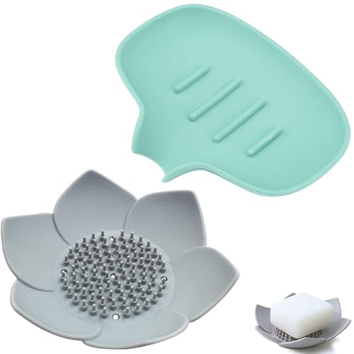 easyBee 2 Pezzi Porta Saponetta in Silicone con Scarico - Portasapone Autodrenante, A Prova di Schizzi per Bagno Doccia Cucina, Robusto Antiscivolo (Verde/Grigio)