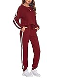 Hotouch Damen Jogginganzug Lange Ärmel Hausanzug Baumwolle Sportanzug 2 Teiler Rundhals Trainingsanzug Weinrot M
