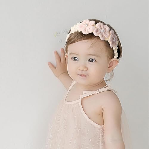 Handmade Baby Girl Headbands in Beige and Pink Lace Flowers for Newborns and Toddlers Cute Baby Girl Flowers and Newborn Headbands (Pink flowers, One Size)2