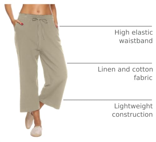 Image of LNX Womens Linen Capri Pants Wide Leg High Waisted Drawstring Casual Cropped Pants with Pockets