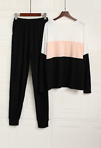 Fixmatti Women 2 Piece Outfit Long Sleeve Colorblock Shirt Pant Set Jogging Sweatsuit Black M #TOP4