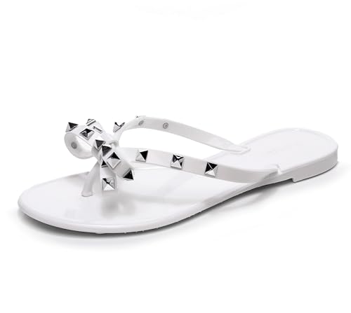 Image of Studded Jelly Shoes for Womens Bow Flip Flops Jellies Sandals Flat Black Summer Beach Thong with Rivets Strappy Slides Slip On