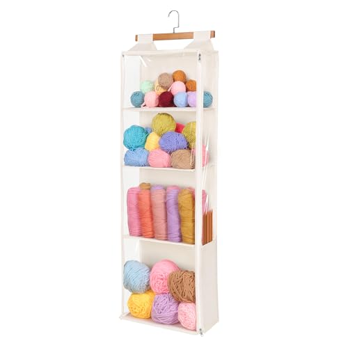 Univivi Hanging Yarn Storage Organizer with 4 Clear Compartments & Side Knitting Needles Pocket, Hanging Yarn Holder for Crochet Lovers (Beige)