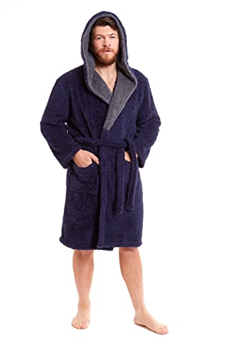 Toro Rocco Dressing Gown Mens Fleece Gowns Hooded Bath Robe Black Grey Robes Bathrobe for Men (Snuggle Navy Grey, L)