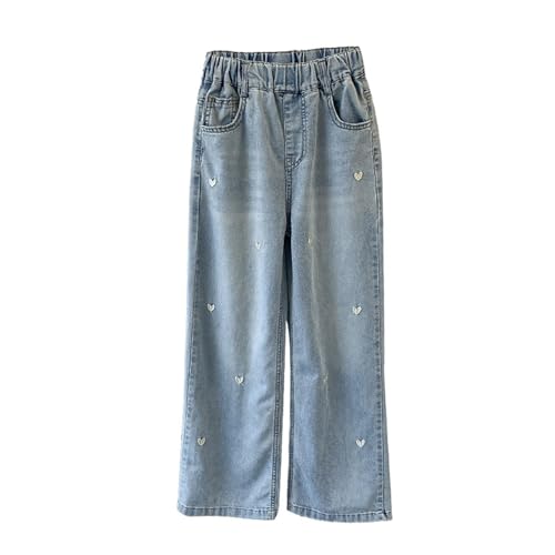 Girls Wide Leg Jeans Baggy Elastic Waist Heart Embroidery Straight Leg Denim Pants 𝗩intage Streetwear Trousers