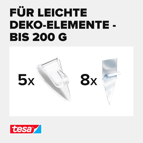 tesa Klebehaken für transparente Oberflächen und Glas (0,2 kg) - Durchsichtige, selbstklebende Haken - Bis zu 0,2 kg Halteleistung pro Haken, 5-er Pack