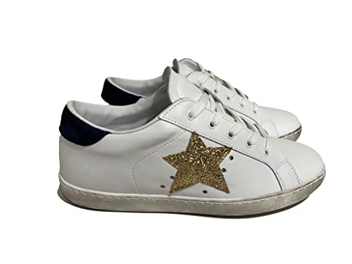 VIA CONDOTTI Zapatos Zapatillas Bajas Mujer Cuero Blanco Azul Estrella Brillo Oro