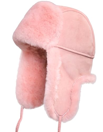 Image of Unisex Shearling Sheepskin Leather Aviator Russian Ushanka Trapper Winter Fur Hat (Pink, Small)