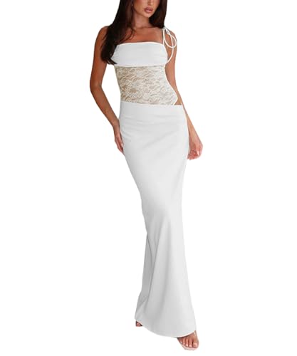 Image of Women Sexy Lace Patchwork Maxi Dress Spaghetti Straps Y2K Sheer Long Bodycon Club Cocktail Long Dresses