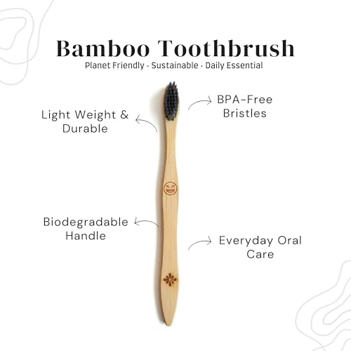 Image of ECO'n FRIENDLY Bamboo Toothbrush for Adults | Charcoal Infused BPA-Free Bristles | Emoji for Easy Identification | Biodegradable Handle | Pack of (4)