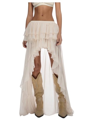 OYOANGLE Women's Boho Layered Ruffle Chiffon Maxi Skirt Y2K Elastic Cowgirl Western Asymmetrical Skirts