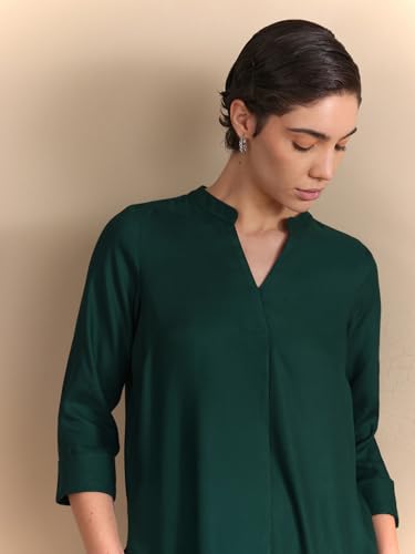 Image of FableStreet Women Shirt Work & Casual | Relaxed Fit Mandarin V-Neck Three-Quarter Sleeves Solid Pattern | Breathable Woven Fabric for Office & Everyday Wear