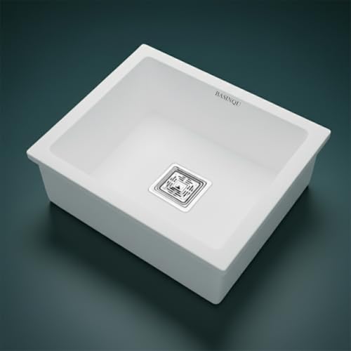 Image of BASINQU Quartz Sink for Kitchen | 21x18x9 Inches Quartz Kitchen Sink White | Granite Sink For Kitchen Basin UV Protected, Granite Scratch Resistant, Undermount /Topmount Sinks