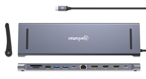 Image of Manhattan USB C Docking Station 2 HDMI, 3 Monitor Station 12 in 1, Triple Display Laptop Docking Station with 5Gbps USB-A /C 3.1, USB 2.0, 100W PD, Ethernet, Audio, SD /TF Card Slot- 190305