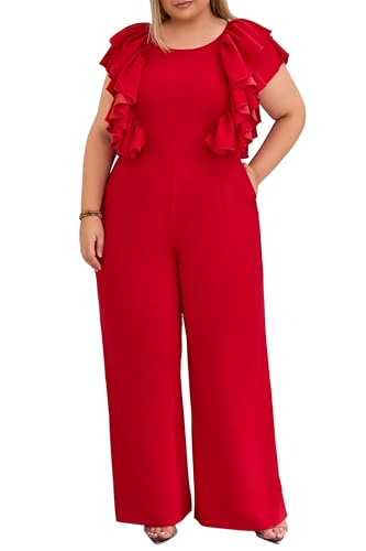 VERWIN Overol de talla grande con volantes para mujer, de longitud completa, sin mangas, con bolsillos, Rojo -, 3XL/ más