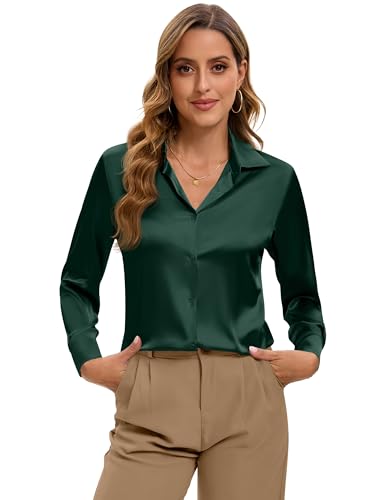 Image of Premium Soft Breathable Stretch Satin Silk Button Down Shirts for Women Long Sleeve Leopard Blouses Work Dress Tops