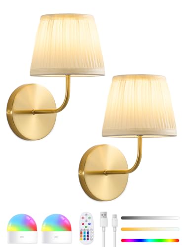 Rechargeable Wall Sconces Set of 2 - 5200mAh Cordless Battery Operated Wall Sconce - Fabric Lamp Shade - Gold Brass LED Light Fixture with Remote for Bedroom Bedside Living Room Stairway Hallway Porch
