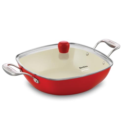 Image of Hawkins 3 Litre Que Cera Cera Kadhai with Glass Lid - Induction & GasSquircle Shape Kadai for Frying | Sauteing & Everyday Cooking | Red (ICQK30G)