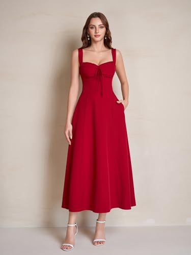 Image of KUTUMAI Floral Corset Midi Dresses for Women 2026 Lace Up Flowy Summer Wedding Guest Dress with Pockets