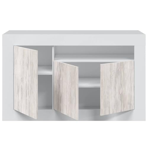 Habitdesign Aparador 3 Puertas, Buffet para Salon, Armario Auxiliar, Modelo Baltik, Acabado en Color Blanco Artik y Blanco Velho, Medidas: 144 cm (Ancho) x 87 cm (Alto) x 42 cm (Fondo)