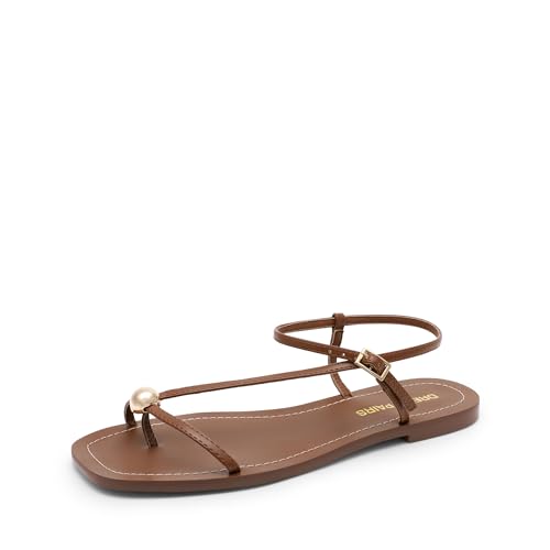 DREAM PAIRS Women's Strappy Flat Sandals for Women Comfortable Open Square Toe Sandals Dressy Beach Thong Cute Wedding Summer Ankle Strap Sandals,Size 9,Brown,SDFS26001W