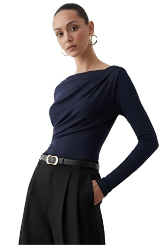 Image of SIGHTBOMB SOFTLINE Asymmetric Boat Neck FRONTFLOW Gathered Waterfall Afford LUX Edition Formal WEAR Long Sleeve Feather Touch TOP for Women