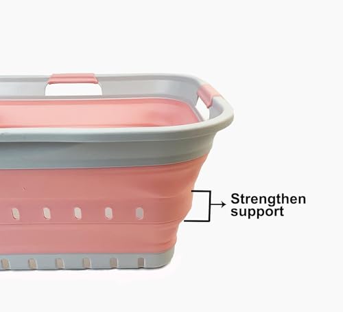 Image of SAMMART 42L (11 gallon) Collapsible Plastic Laundry Basket - Foldable Pop Up Storage Container /Organizer - Space Saving Hamper /Basket (1, Grey /Quartz Pink)