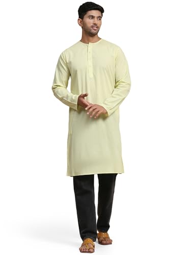 Image of Amazon Brand - Anarva Men's Cotton Solid Round Neck Kurta Long Sleeves Straight Knee Length Casual Shirt