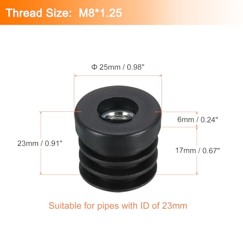 Image of uxcell 6Pcs Black Plastic Round Inserts for 25mm /0.98 inch OD Round Tube, M8 Thread, Furniture Leg Plugs