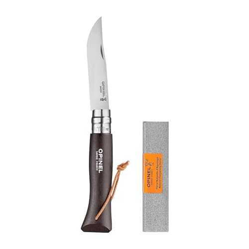 OPINEL Colorama No.08 Folding Pocket Knife, Painted Wood Handles, Leather Lanyard (Black + Sharpening Stone)