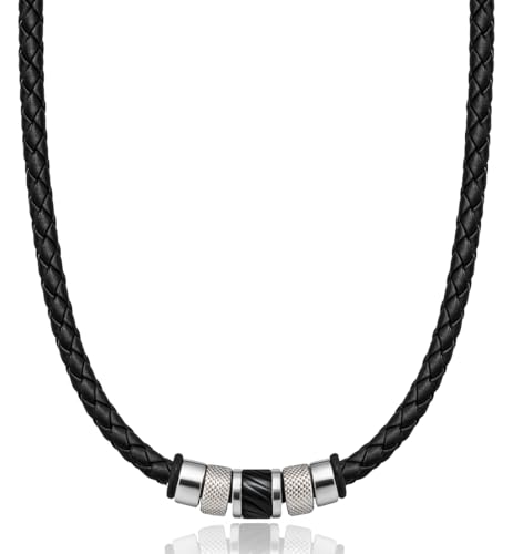 Collier en cuir homme avec pendentif boule acier et cordon tressé haut de gamme