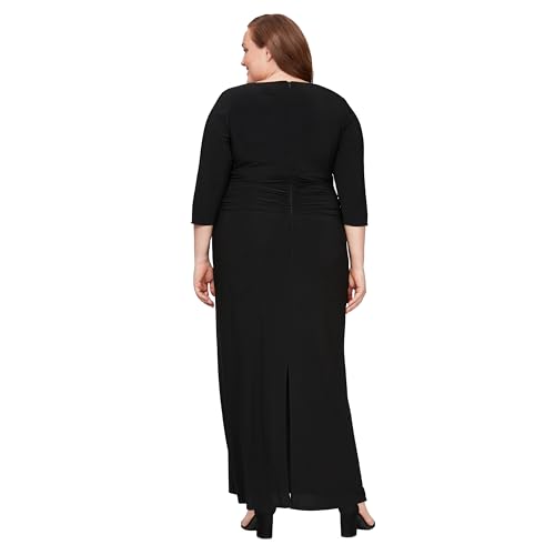 Image of S.L. Fashions Womens Long Length Ruched Waist Formal Mother of The Dress with Beaded Illusion 3 /4 Sleeves (Plus Size)