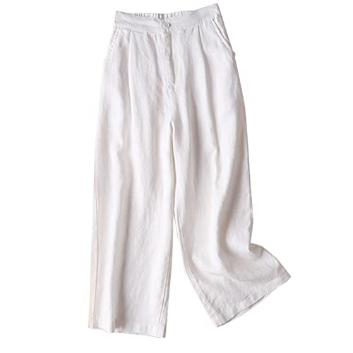 YOLAI Cotton Linen Solid Color Pant for Women High Waisted Loose Casual Trousers Comfort Lightweight Pants with Pockets (White, L)
