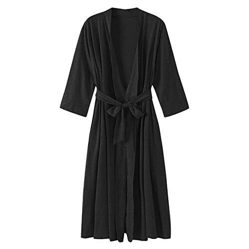 Pijama Kimono Mujer Bata Corto Ropa de Dormir Algodón Verano Batas y Kimonos Sexy y Elegante,Albornoz Cardigan 7-Mangas Robe Negro S