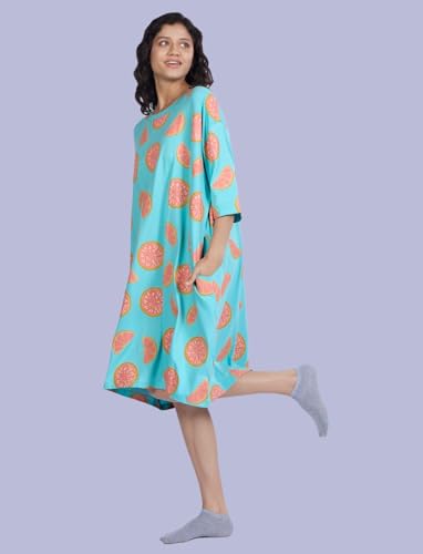 Image of LAMA STORE Women's Printed Oversized T-Shirt Dress, Cotton, 3 /4 Sleeve Length, Casual Loose Fit, Comfort Wear Extra Comfy Oversized Printed Pocket T-Shirt Dress