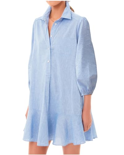 Women Button Down Dress Casual 3/4 Puff Sleeve Cotton Linen Dress Flowy Ruffle Hem Tunic Shirt Dresses