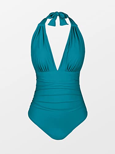 Image of CUPSHE Women Deep V Neck One Piece Halter Swimsuit | Backless,Ruched,Tummy Control,Soft Removable Cups,Flattering Bathing Suit For Vacation And Beach