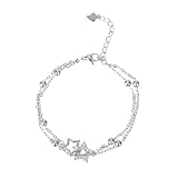 Pulsera de estrella de doble capa para mujeres, pulsera de cadena delicada chapada en oro blanco de 18K con circonita cúbica, pulsera de eslabones con cuentas ajustable, elegante joya para regalo de n
