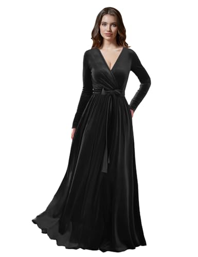 Women's V Neck Long Sleeve Bridesmaid Dresses with Pockets Long Pleats Velvet Formal Dress