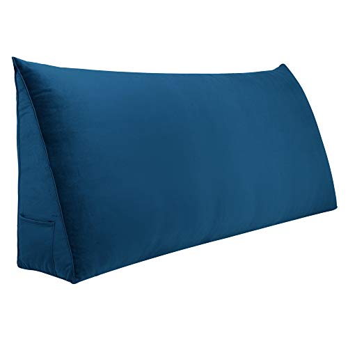 VERCART Large Reading Bed Wedge Pillow, Triangular Upholstered Headboard, Backrest Back Support for Sitting Up in Bed with Removable Velvet Deep Blue Cover, King