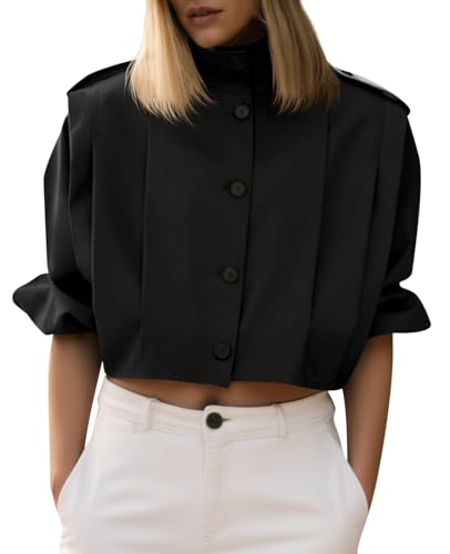 Cicy Bell Womens Cropped Trench Coats Pleated Button Down Short Jackets Fall Casual Lapel Loose Fit Outerwears