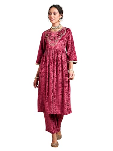 Image of Women's Velvet Embroidered Gathered Kurta