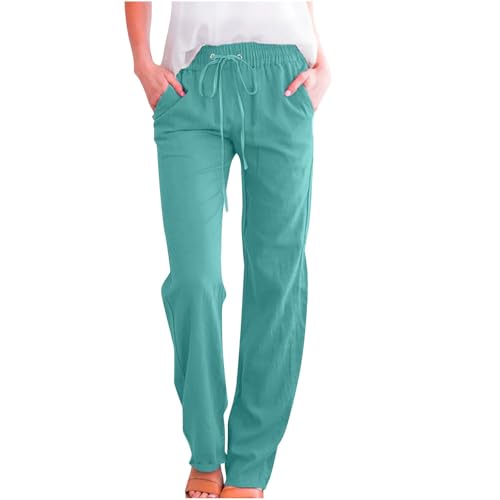 Image of Linen Pants Women High Waisted Drawstring Casual Pant Cotton Linen Straight Leg Lounge Trousers with Side Pockets